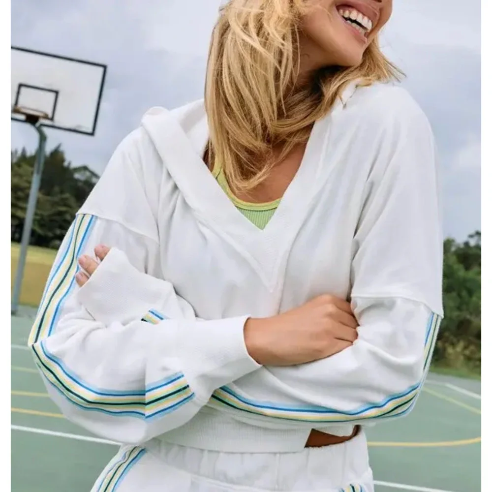 NEW FREE PEOPLE FP MOVEMENT WHITE GRAND SLAM SWEAT STRIPED HOODIE SWEATSHIRT XS